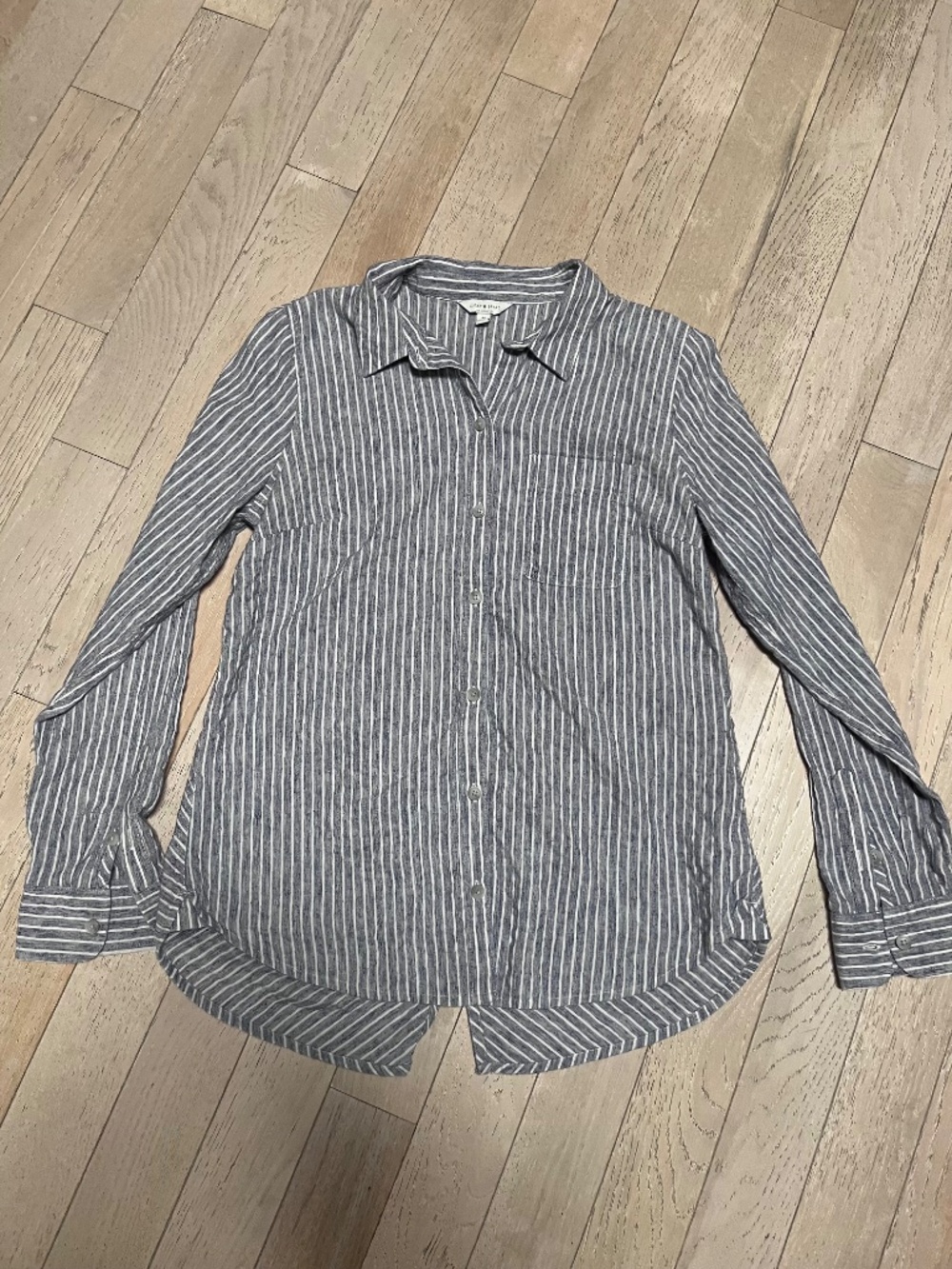Lucky Brand Womens Blue White Striped Button Down Shirt Peplum Back- Medium
